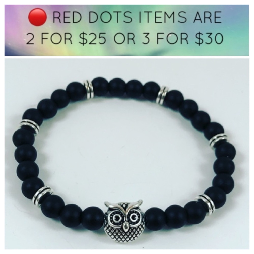 🔴SALE ! Women onyx beaded bracelet with owl charm
